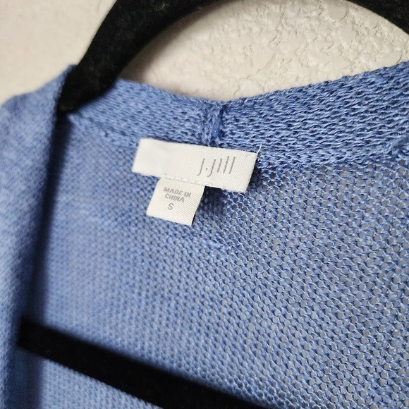 J JILL Linen Blend Open Front Cardigan Sweater Blue Longline Pockets Size S - Picture 6 of 9